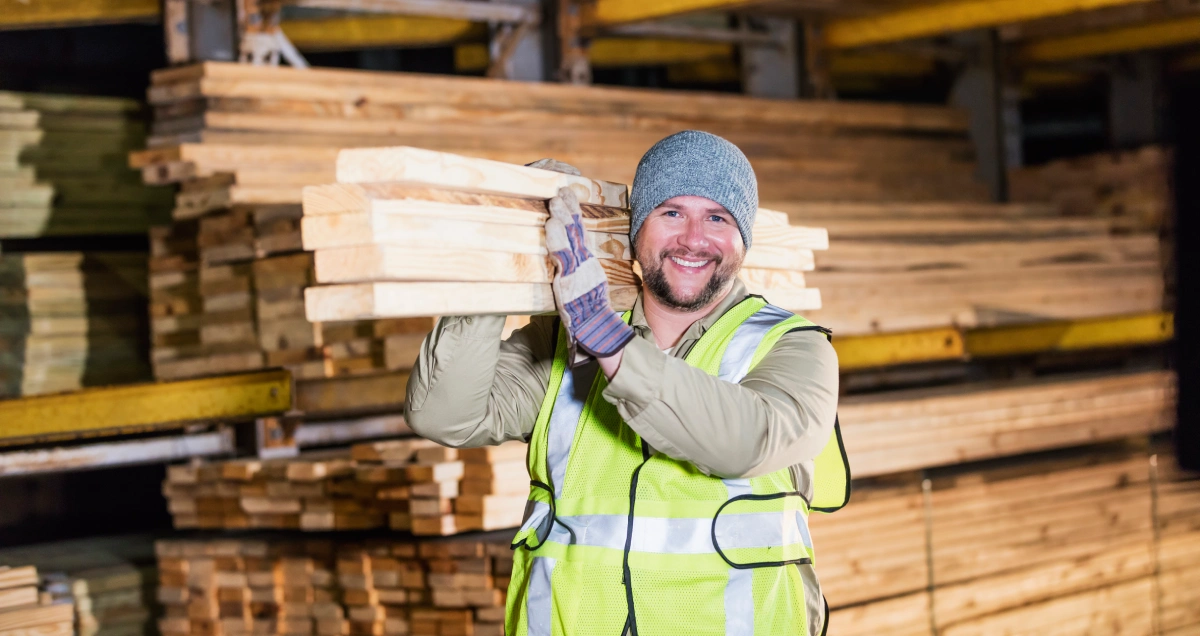Lumberyard worker with wooden planks